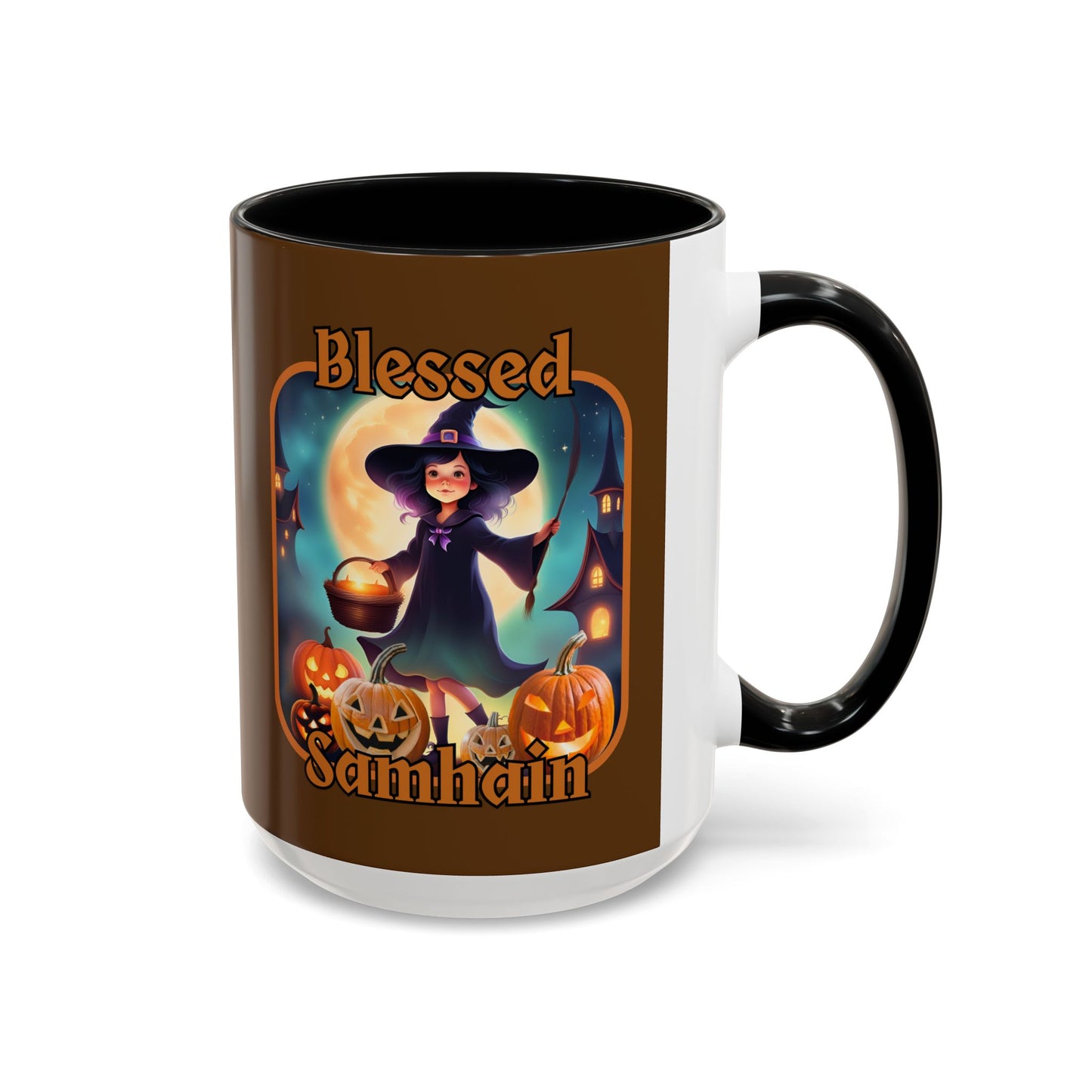 Blessed Samhain Little Witch Orange font Brown Accent Mug by CreepyCrafts.boo