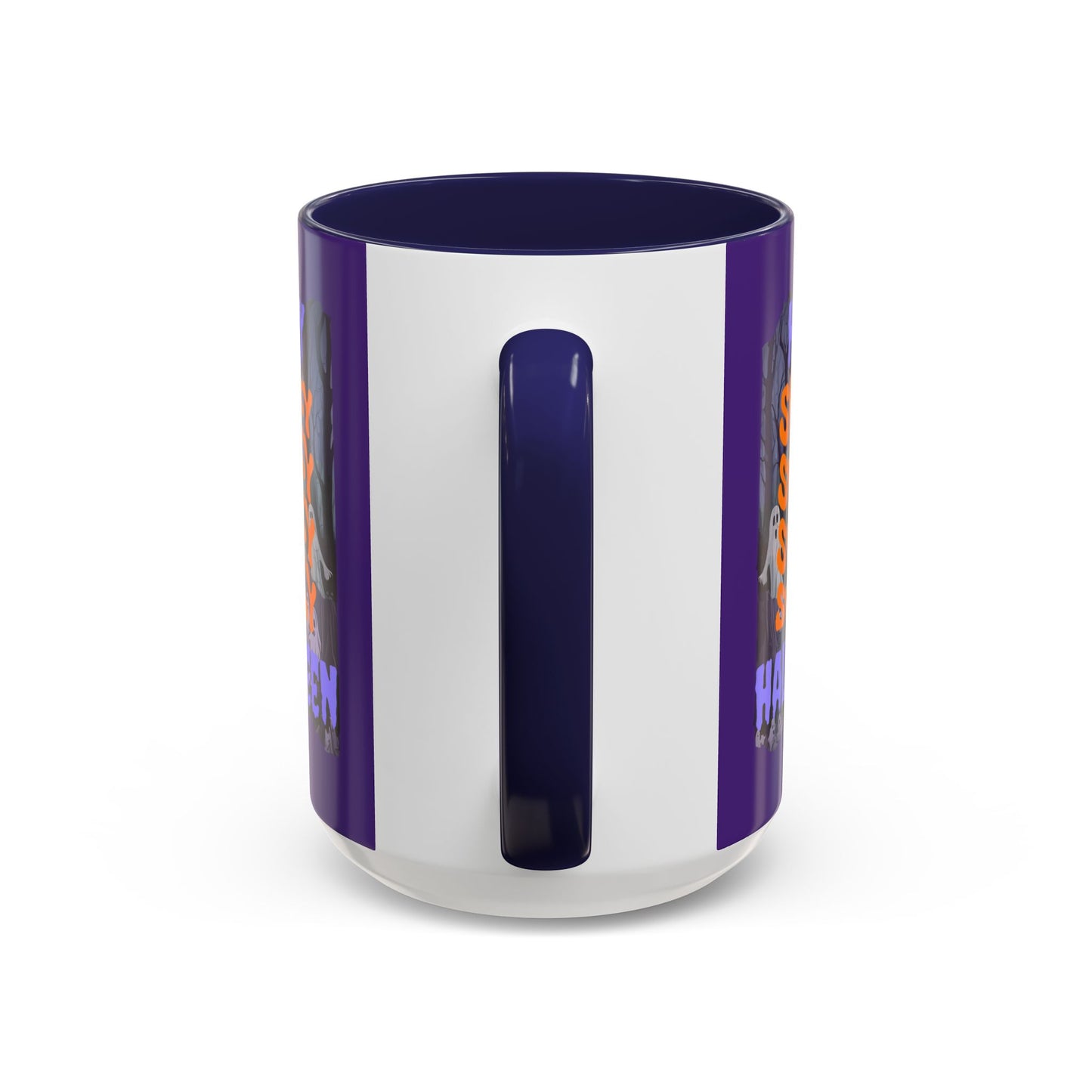 Spooky Happy Halloween Ghost Purple font Purple Accent Mug by CreepyCrafts.boo