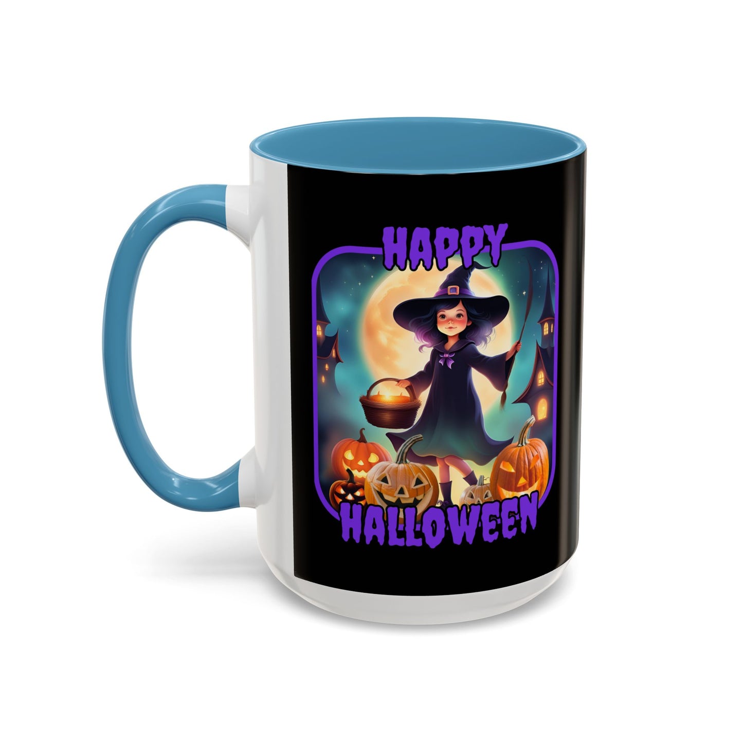 Happy Halloween Little Witch Purple font Black Accent Mug by CreepyCrafts.boo