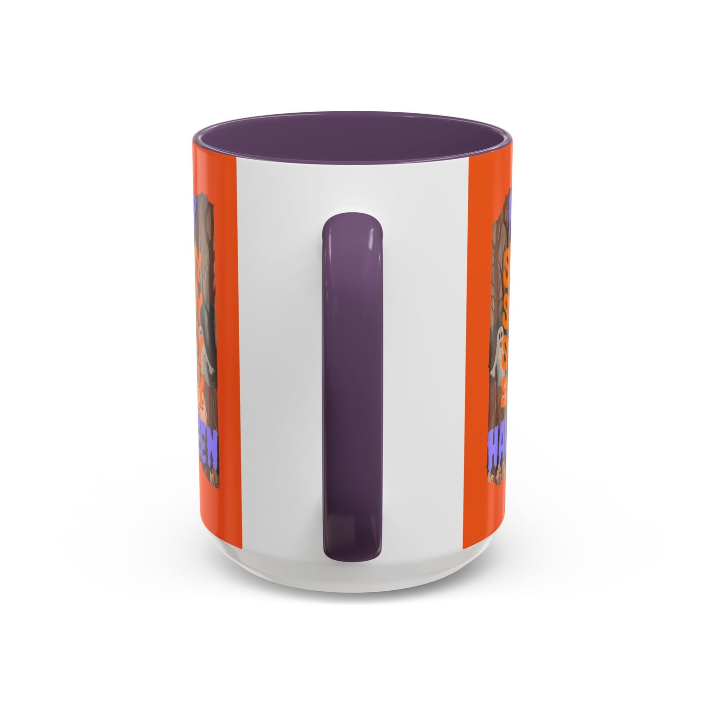 Spooky Happy Halloween Ghost Purple font Orange Accent Mug by CreepyCrafts.boo