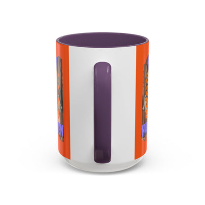 Spooky Happy Halloween Ghost Purple font Orange Accent Mug by CreepyCrafts.boo