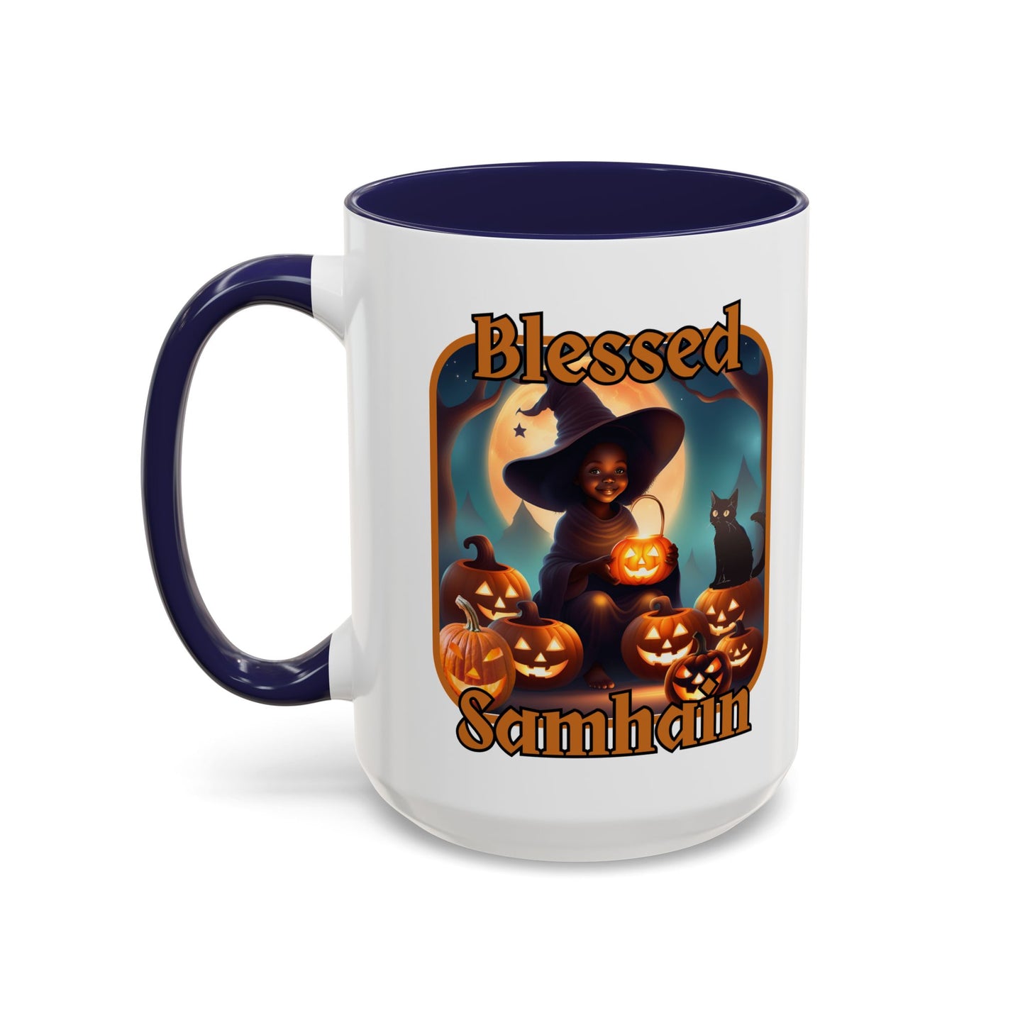 Blessed Samhain Cute Witch Orange font White Accent Mug by CreepyCrafts.boo