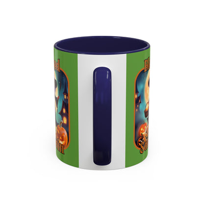 Blessed Samhain Little Witch Orange font Green Accent Mug by CreepyCrafts.boo
