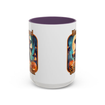 Blessed Samhain Little Witch Orange font White Accent Mug by CreepyCrafts.boo