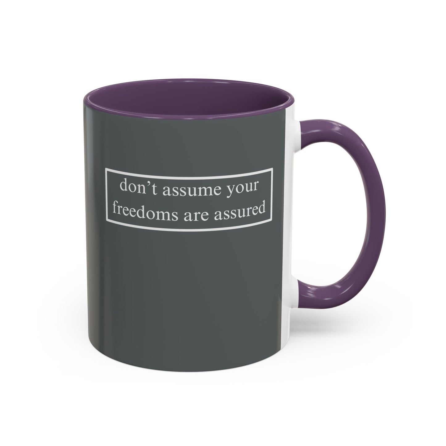 don't assume your freedoms are assured, White font, Grey Accent Mug by cypherpunkgear.com