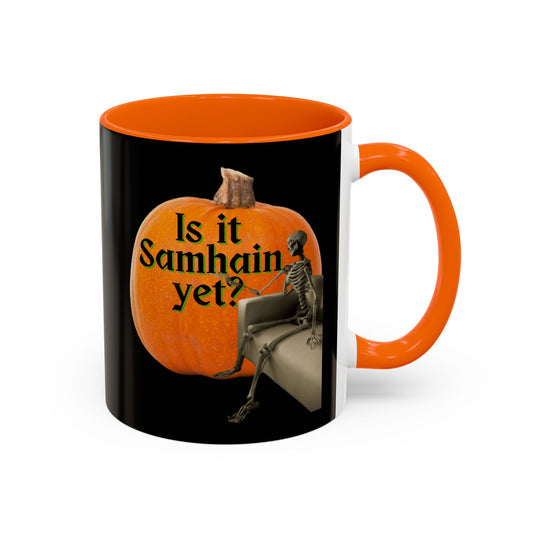Is It Samhain Yet? Skeleton's Giant Pumpkin Black Accent Mug by CreepyCrafts.boo