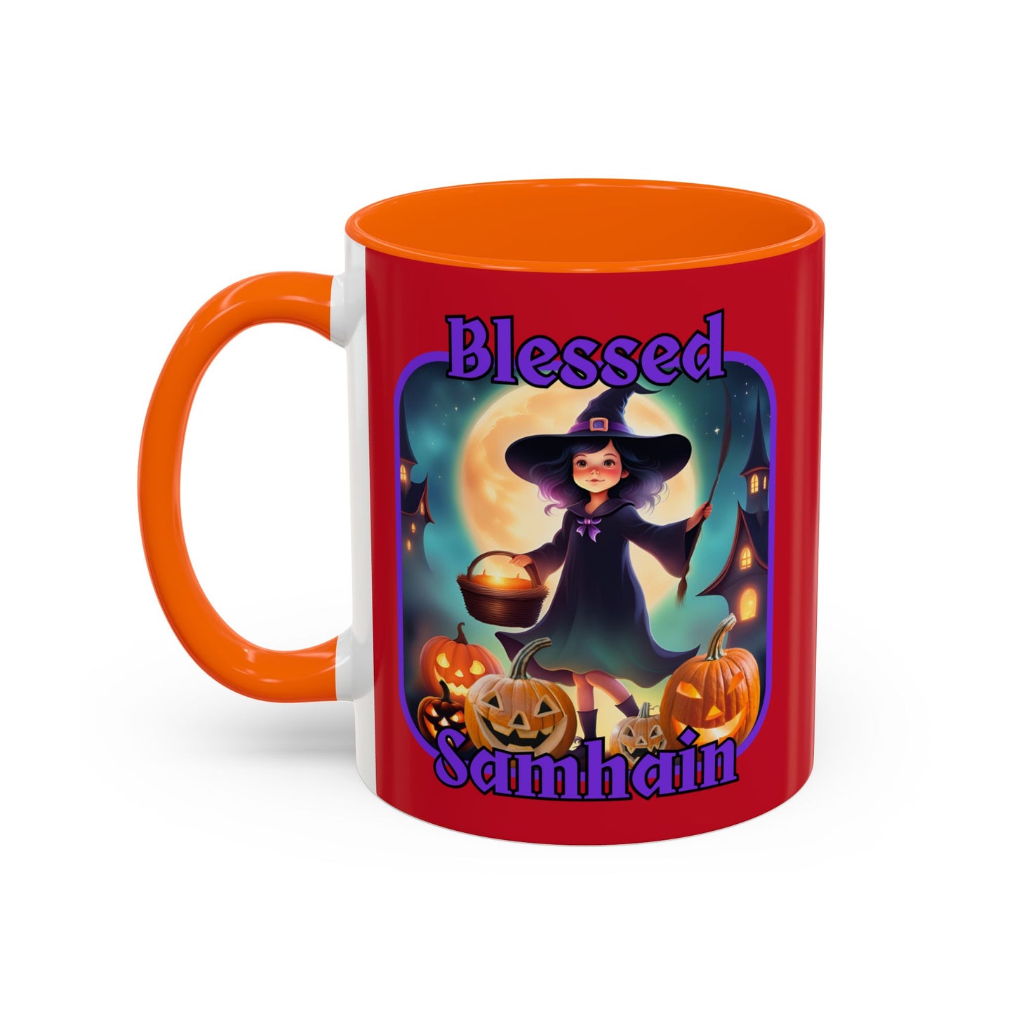 Blessed Samhain Little Witch Purple font Red Accent Mug by CreepyCrafts.boo
