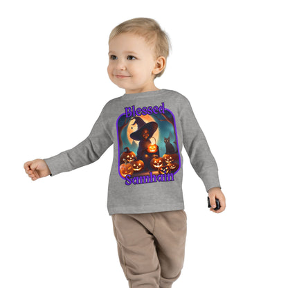 Blessed Samhain Cute Witch Purple font Toddler Long Sleeve Tee by CreepyCrafts.boo