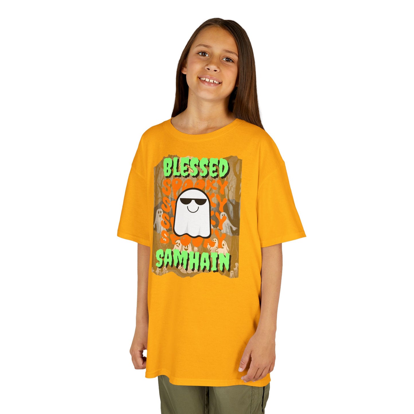 Spooky Blessed Samhain Ghost Green font Kids Heavy Cotton™ Tee by CreepyCrafts.boo