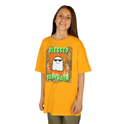 Spooky Blessed Samhain Ghost Green font Kids Heavy Cotton™ Tee by CreepyCrafts.boo