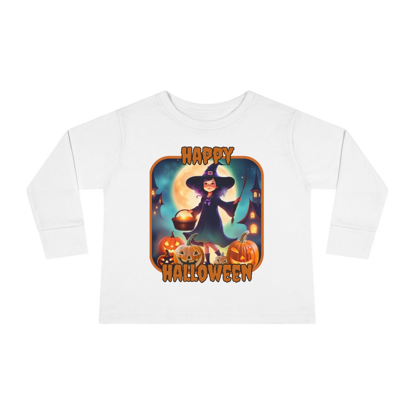Happy Halloween Little Witch Orange font Toddler Long Sleeve Tee by CreepyCrafts.boo
