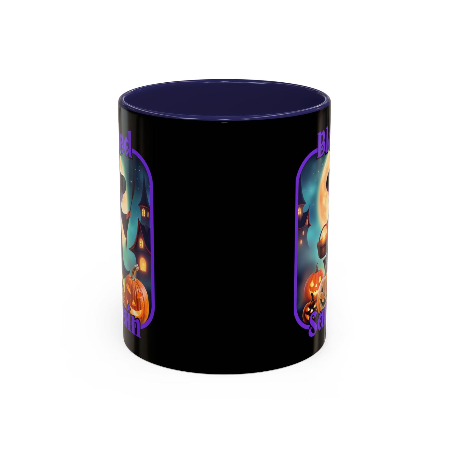 Blessed Samhain Little Witch Purple font Black Accent Mug by CreepyCrafts.boo
