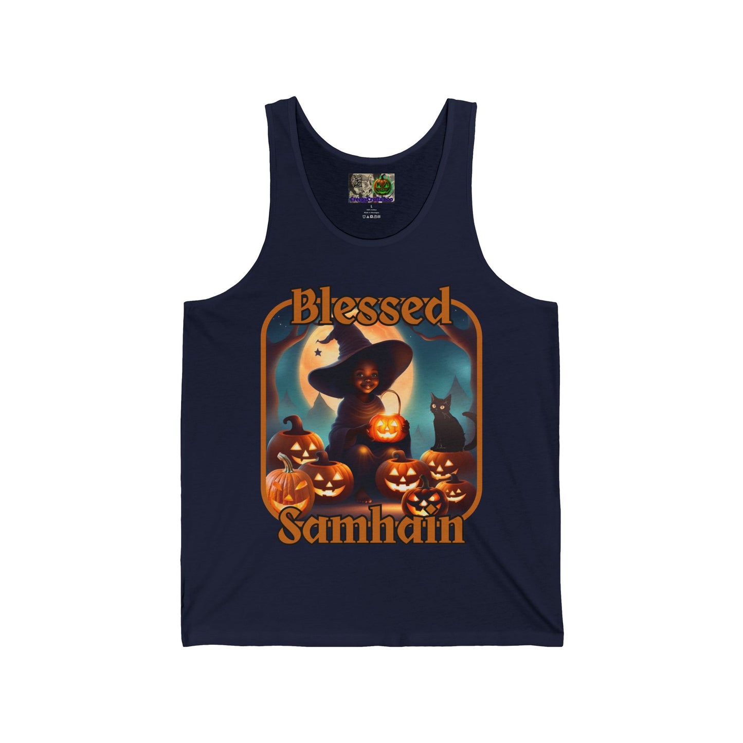 Blessed Samhain Cute Witch Orange font Unisex Jersey Tank Top by CreepyCrafts.boo