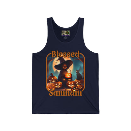 Blessed Samhain Cute Witch Orange font Unisex Jersey Tank Top by CreepyCrafts.boo