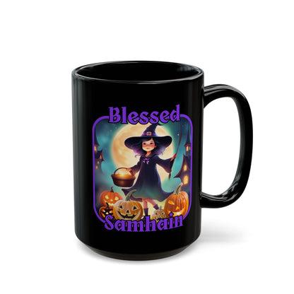 Blessed Samhain Little Witch Purple font Black Mug by CreepyCrafts.boo