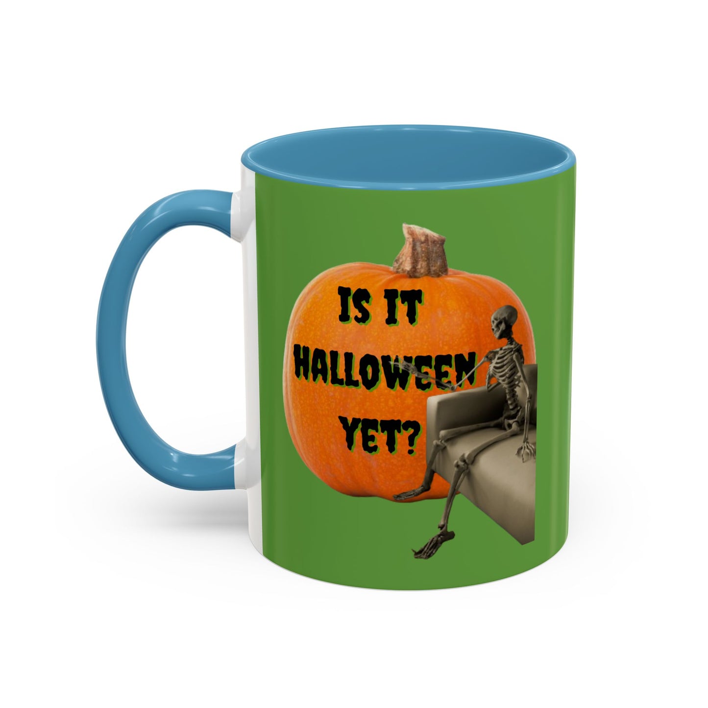Is it Halloween yet? Skeleton's Giant Pumpkin Green Accent Mug by CreepyCrafts.boo