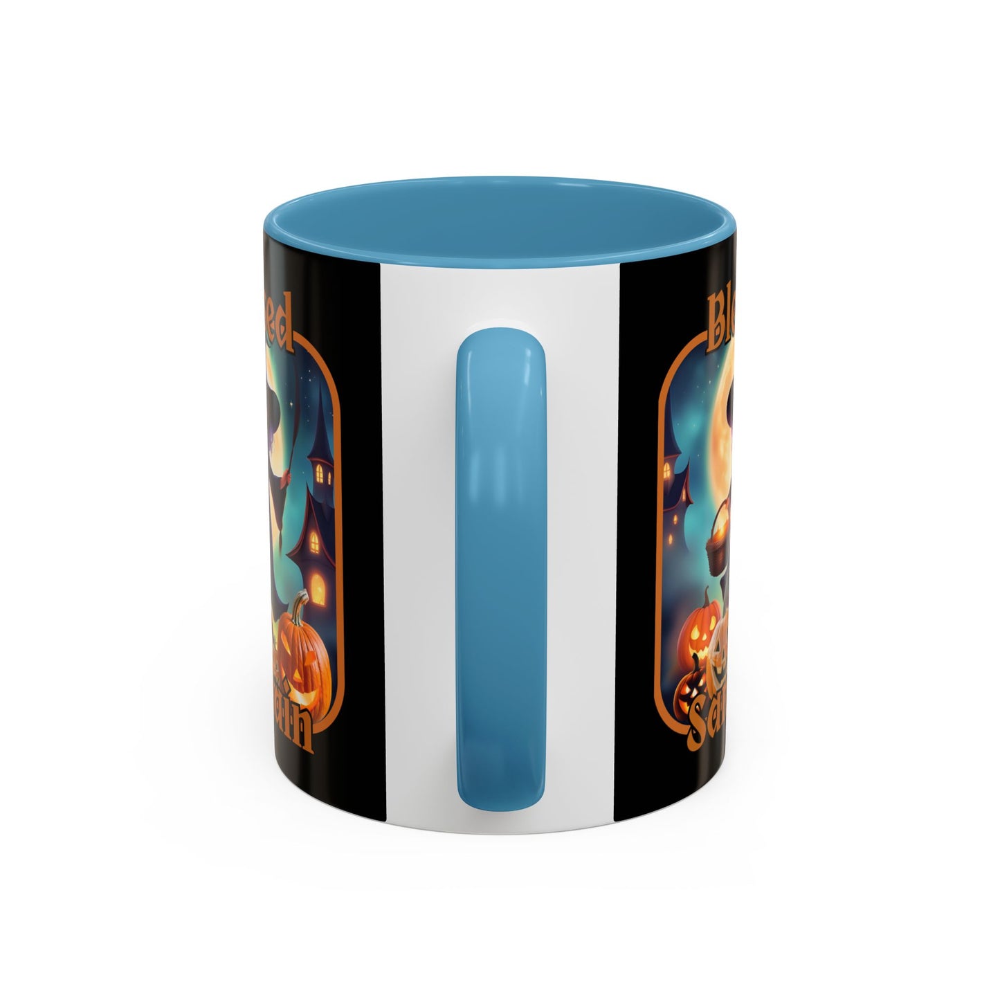 Blessed Samhain Little Witch Orange font Black Accent Mug by CreepyCrafts.boo