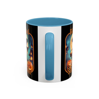 Blessed Samhain Little Witch Orange font Black Accent Mug by CreepyCrafts.boo