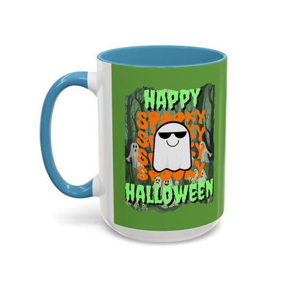 Spooky Happy Halloween Ghost Green font Green Accent Mug by CreepyCrafts.boo