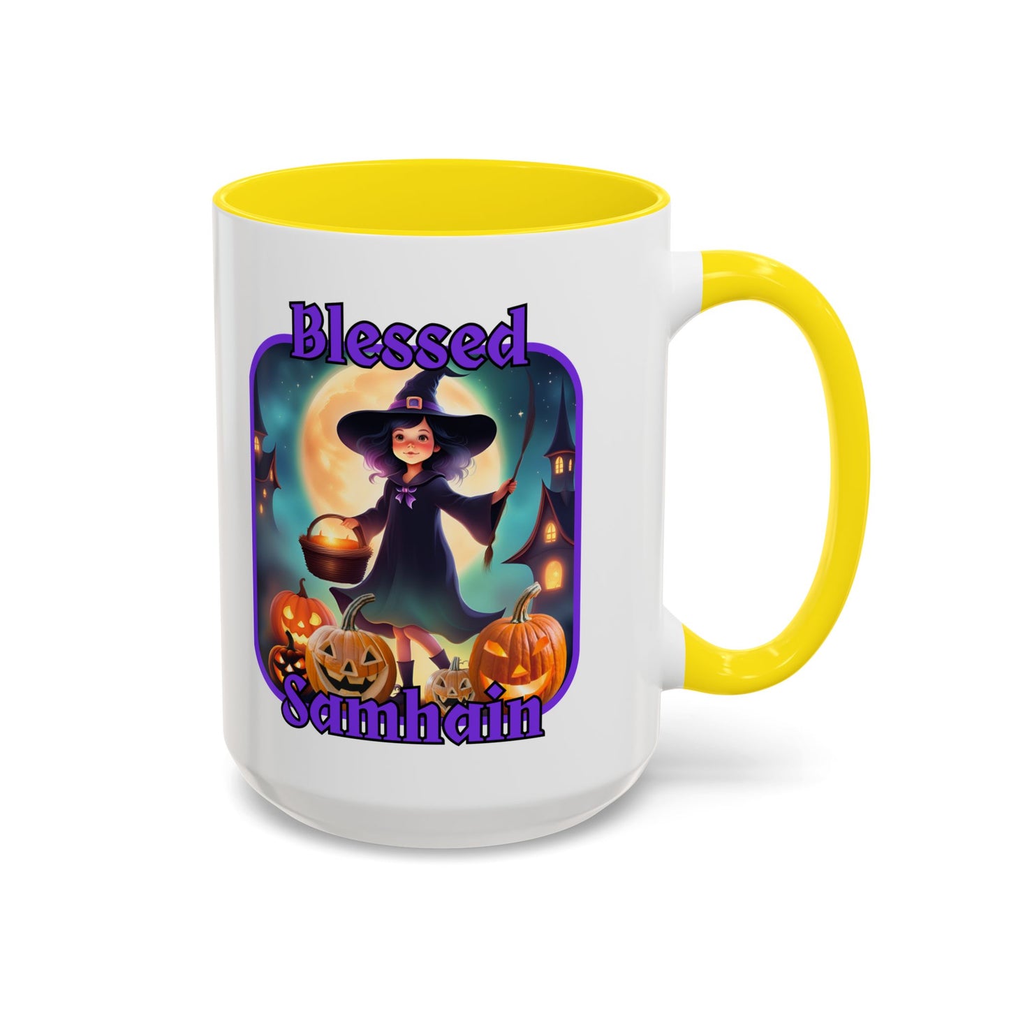 Blessed Samhain Little Witch Purple font White Accent Mug by CreepyCrafts.boo
