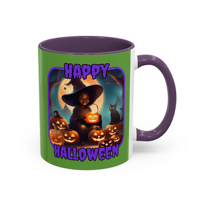 Happy Halloween Cute Witch Purple font Green Accent Mug by CreepyCrafts.boo