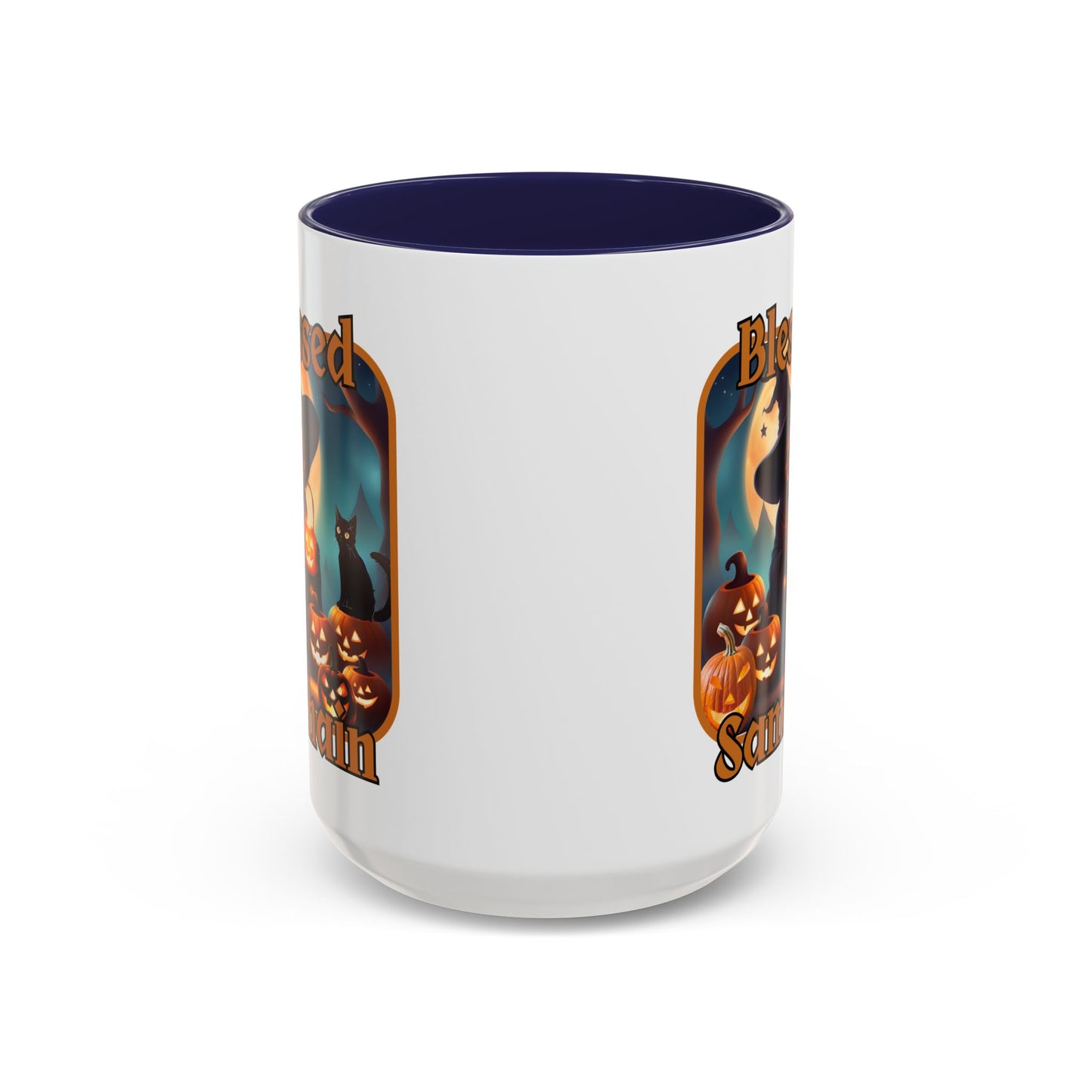 Blessed Samhain Cute Witch Orange font White Accent Mug by CreepyCrafts.boo