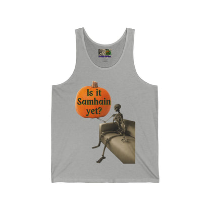 Is it Samhain yet? Skeleton's Pumpkin Unisex Jersey Tank Top by CreepyCrafts.boo