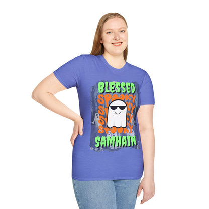 Spooky Blessed Samhain Ghost Green font Unisex T-Shirt by CreepyCrafts.boo