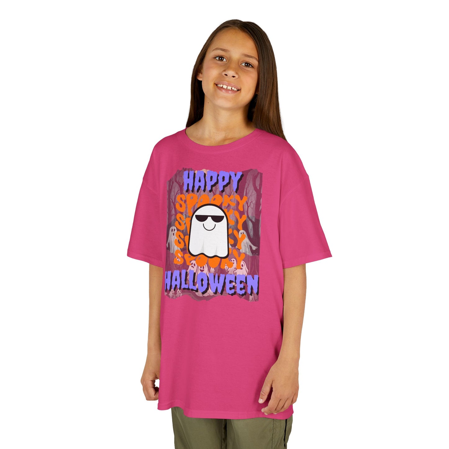 Spooky Happy Halloween Ghost Purple font Kids Heavy Cotton™ Tee by CreepyCrafts.boo