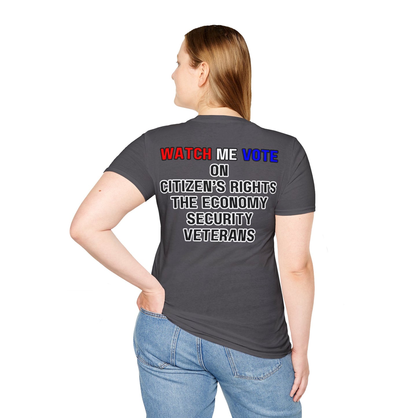 2-sided I Am Woman Watch Me Vote DKcolors Rosie Unisex T-Shirt by cypherpunkgear