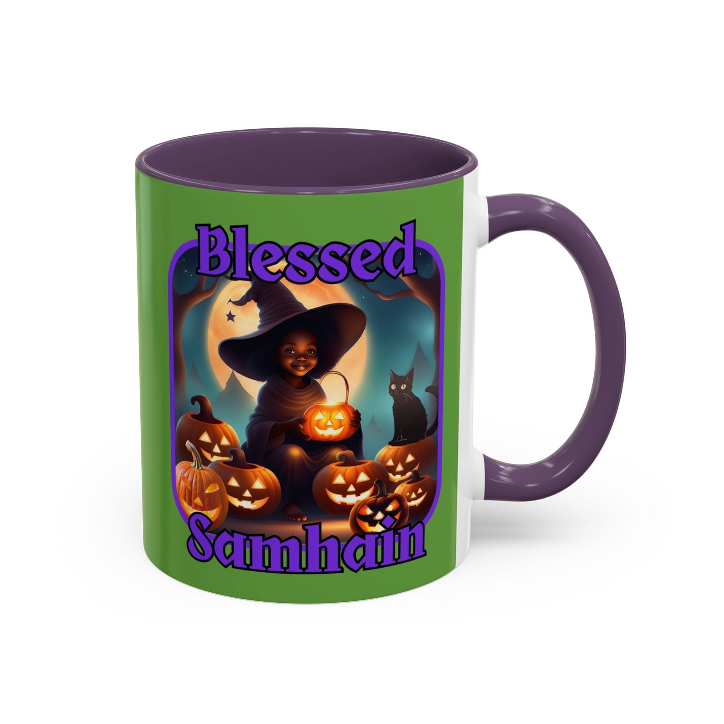 Blessed Samhain Cute Witch Purple font Green Accent Mug by CreepyCrafts.boo