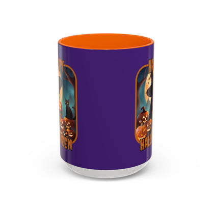Happy Halloween Cute Witch Orange font Purple Accent Mug by CreepyCrafts.boo