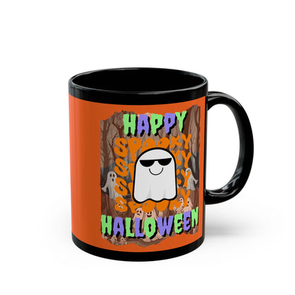 Spooky Happy Halloween Ghost Mixed font Orange Mug by CreepyCrafts.boo