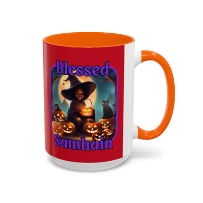 Blessed Samhain Cute Witch Purple font Red Accent Mug by CreepyCrafts.boo
