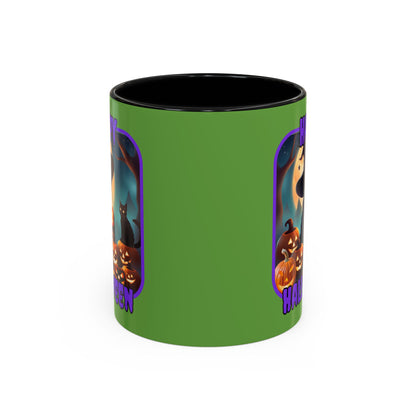 Happy Halloween Cute Witch Purple font Green Accent Mug by CreepyCrafts.boo