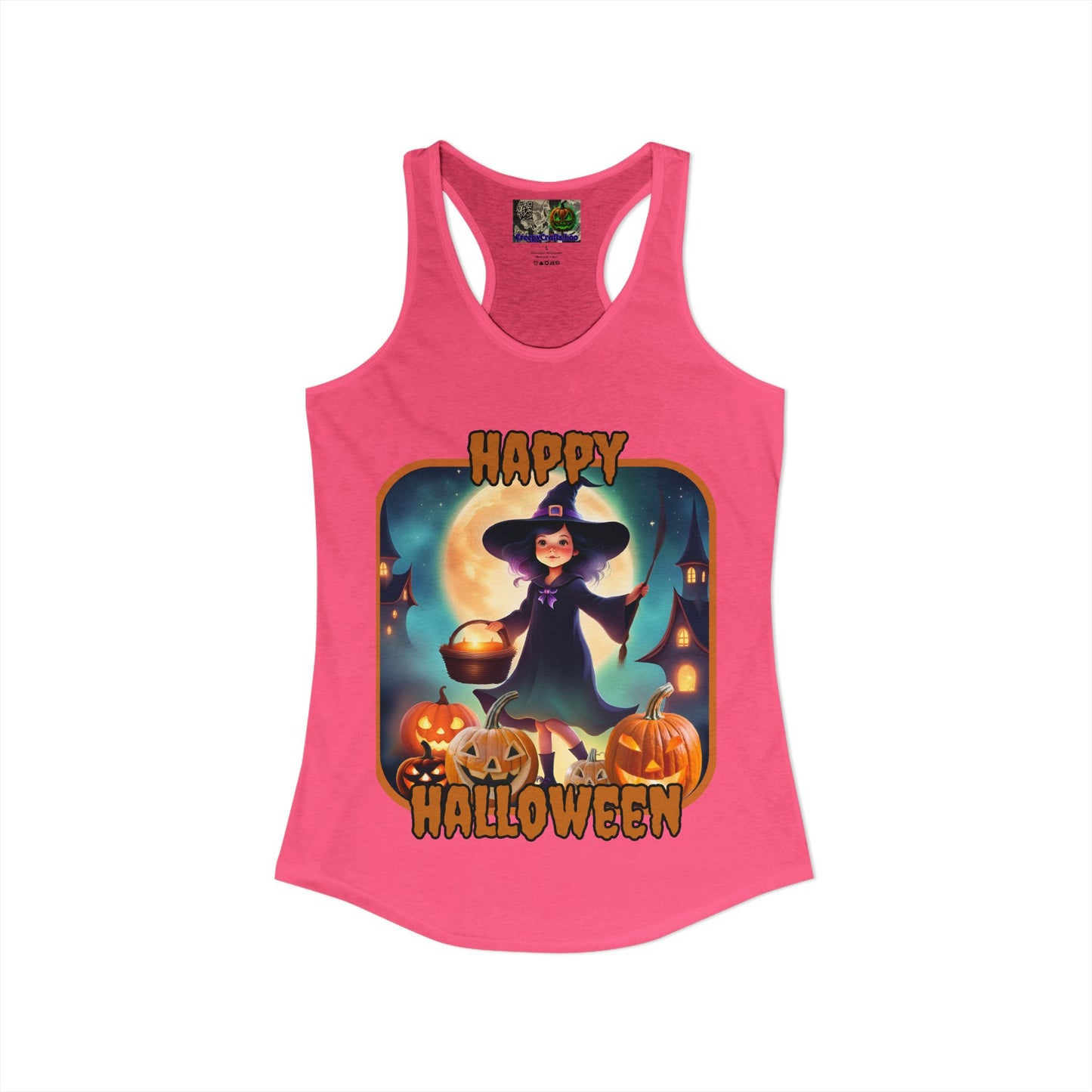 Happy Halloween Little Witch Orange font Women's Racerback Tank Top by CreepyCrafts.boo