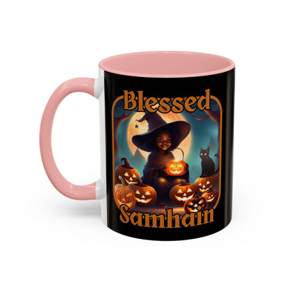 Blessed Samhain Cute Witch Orange font Black Accent Mug by CreepyCrafts.boo