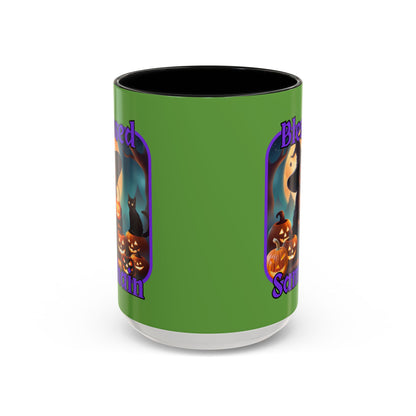 Blessed Samhain Cute Witch Purple font Green Accent Mug by CreepyCrafts.boo