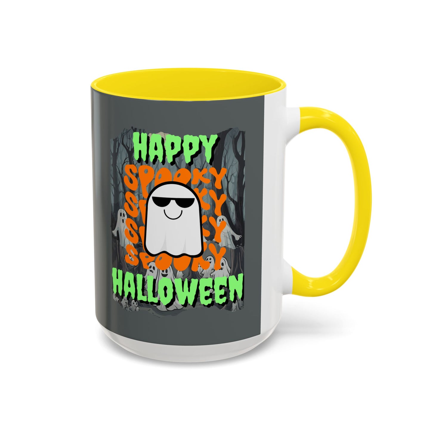 Spooky Happy Halloween Ghost Green font Grey Accent Mug by CreepyCrafts.boo
