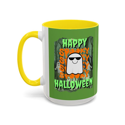 Spooky Happy Halloween Ghost Green font Green Accent Mug by CreepyCrafts.boo
