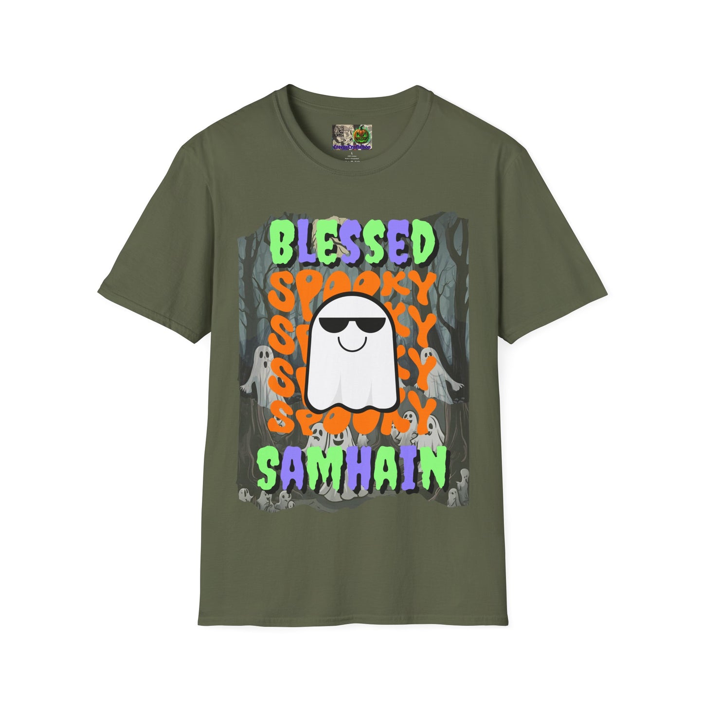 Spooky Blessed Samhain Ghost Mixed font Unisex T-Shirt by CreepyCrafts.boo