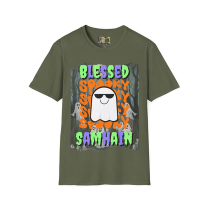 Spooky Blessed Samhain Ghost Mixed font Unisex T-Shirt by CreepyCrafts.boo