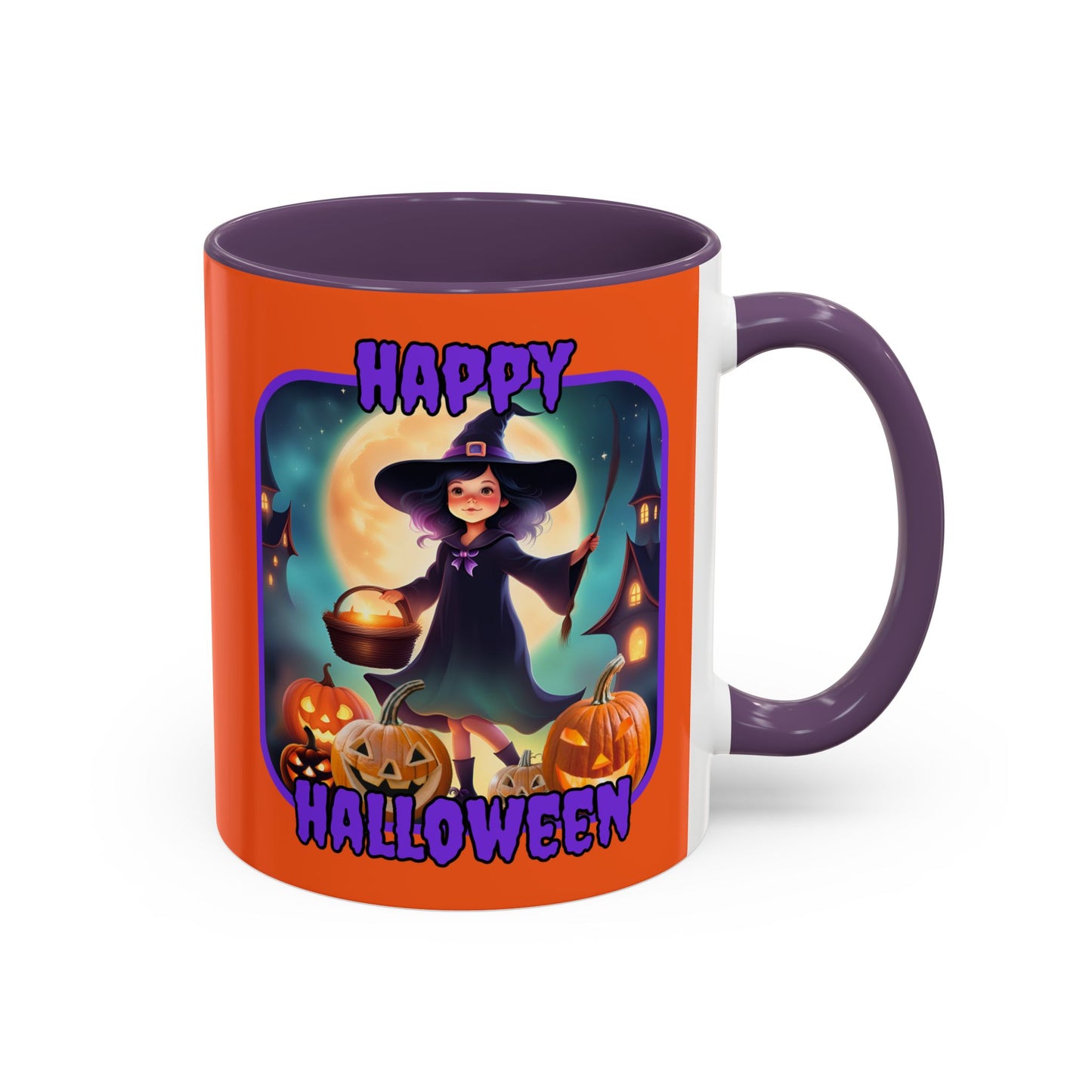 Happy Halloween Little Witch Purple font Orange Accent Mug by CreepyCrafts.boo