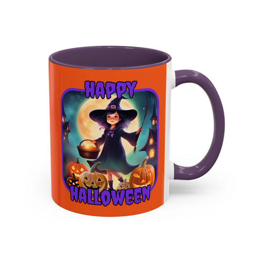 Happy Halloween Little Witch Purple font Orange Accent Mug by CreepyCrafts.boo
