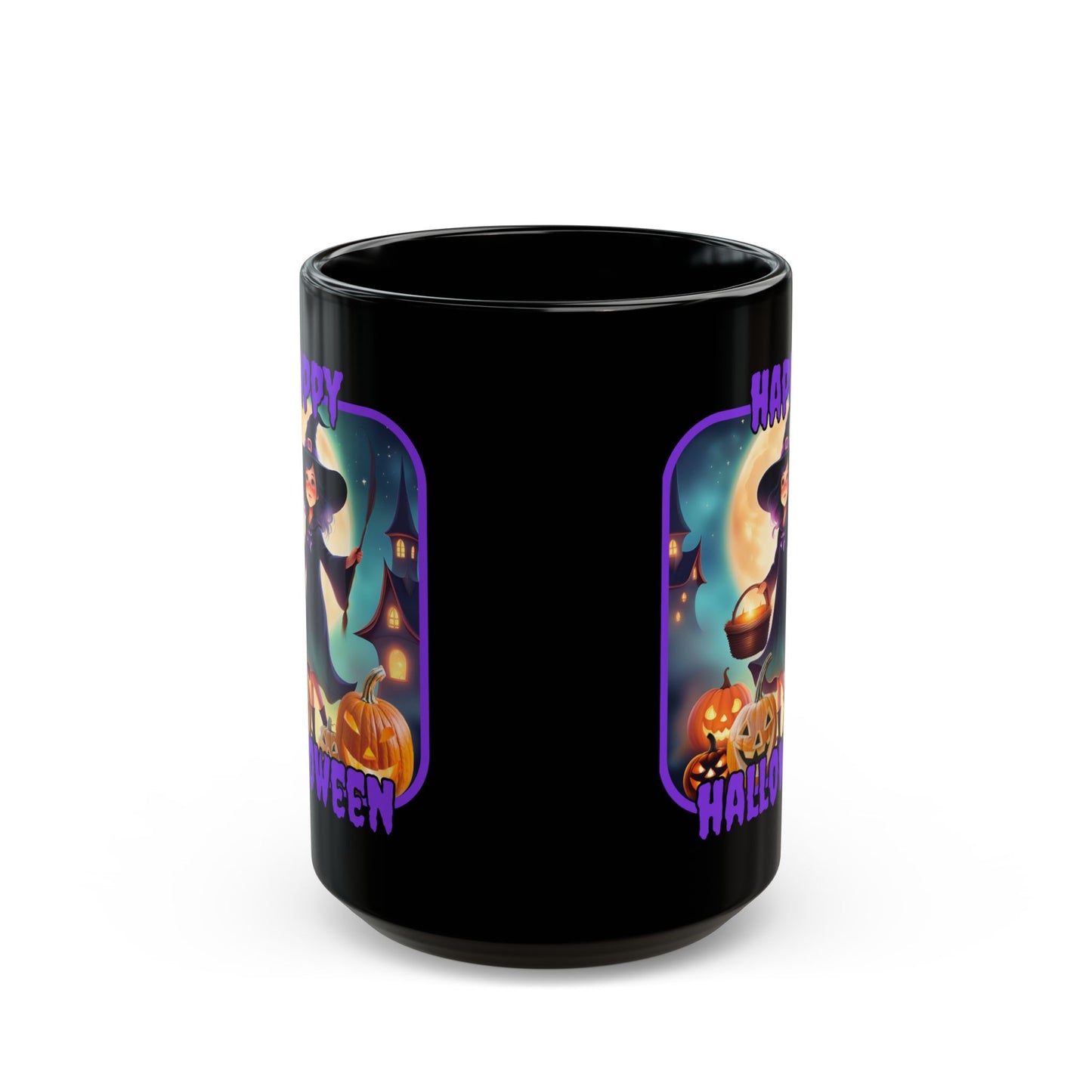 Happy Halloween Little Witch Purple font Black Mug by CreepyCrafts.boo