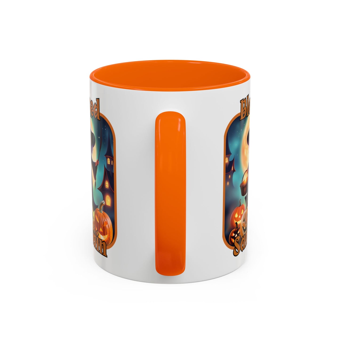 Blessed Samhain Little Witch Orange font White Accent Mug by CreepyCrafts.boo