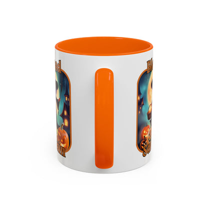 Blessed Samhain Little Witch Orange font White Accent Mug by CreepyCrafts.boo