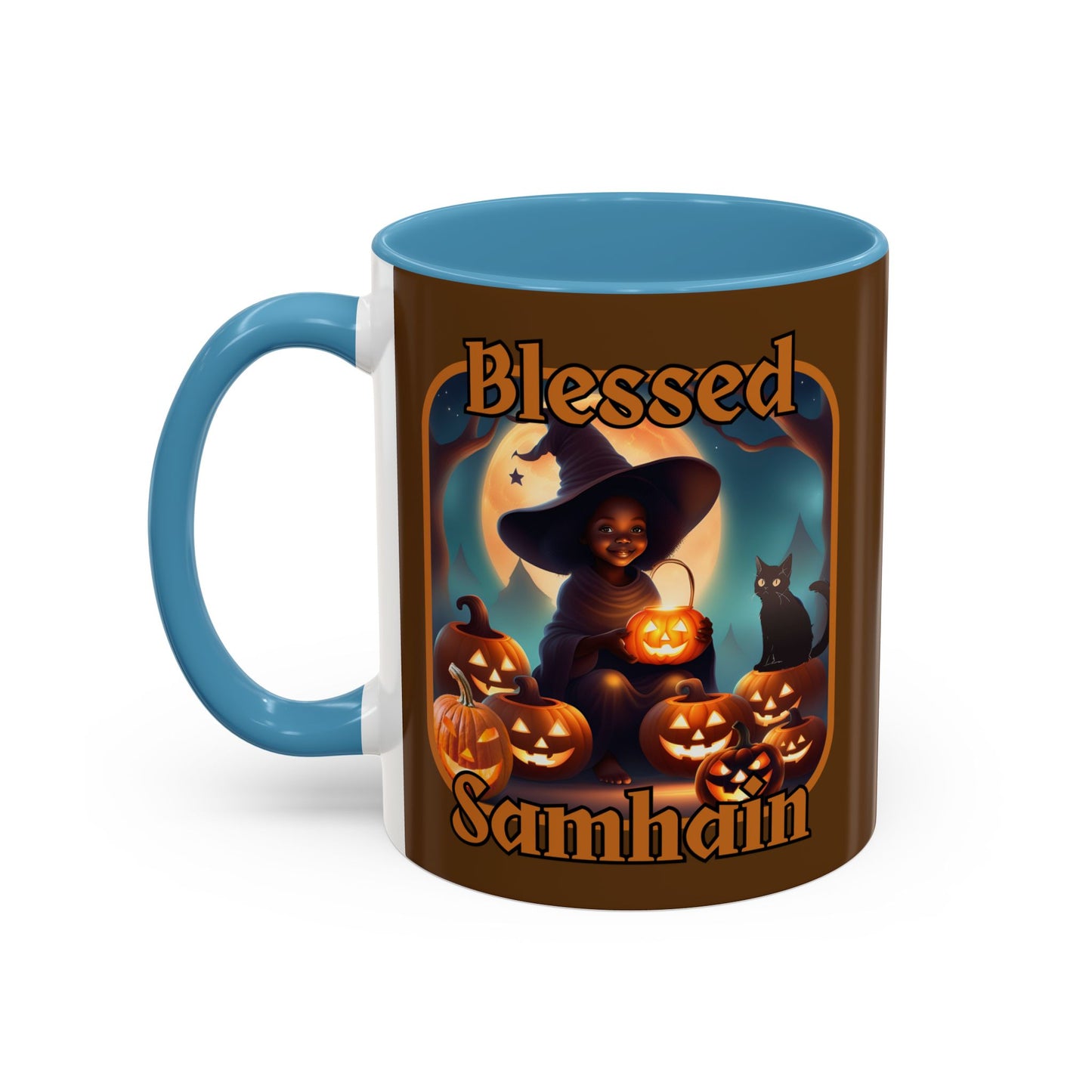 Blessed Samhain Cute Witch Orange font Brown Accent Mug by CreepyCrafts.boo
