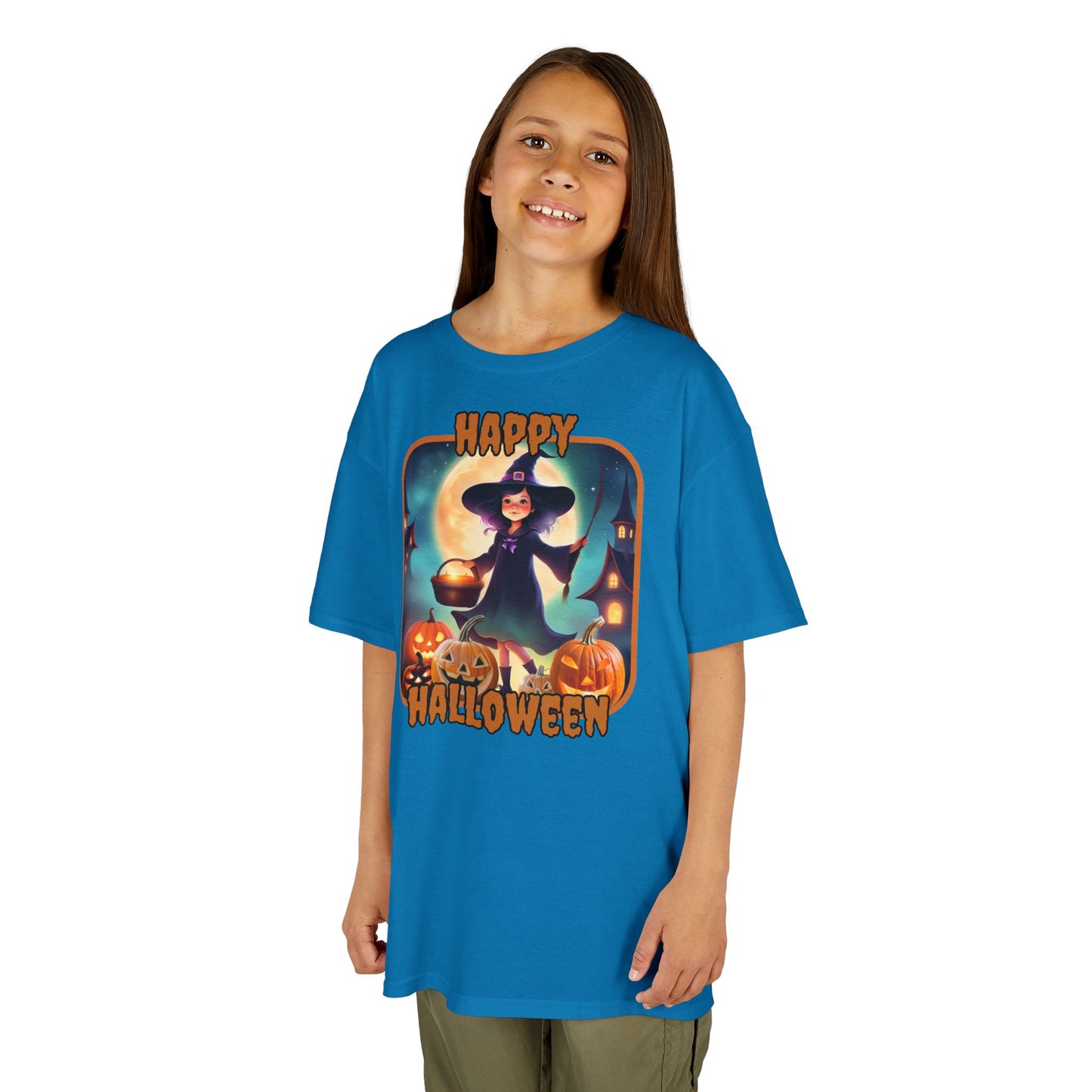 Happy Halloween Little Witch Orange font Kids Heavy Cotton™ Tee by CreepyCrafts.boo