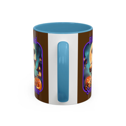 Blessed Samhain Little Witch Purple font Brown Accent Mug by CreepyCrafts.boo